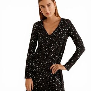 Mango MNG Polka Dot Dress Black Red White V-Neck Long Sleeve Mini Shift M
